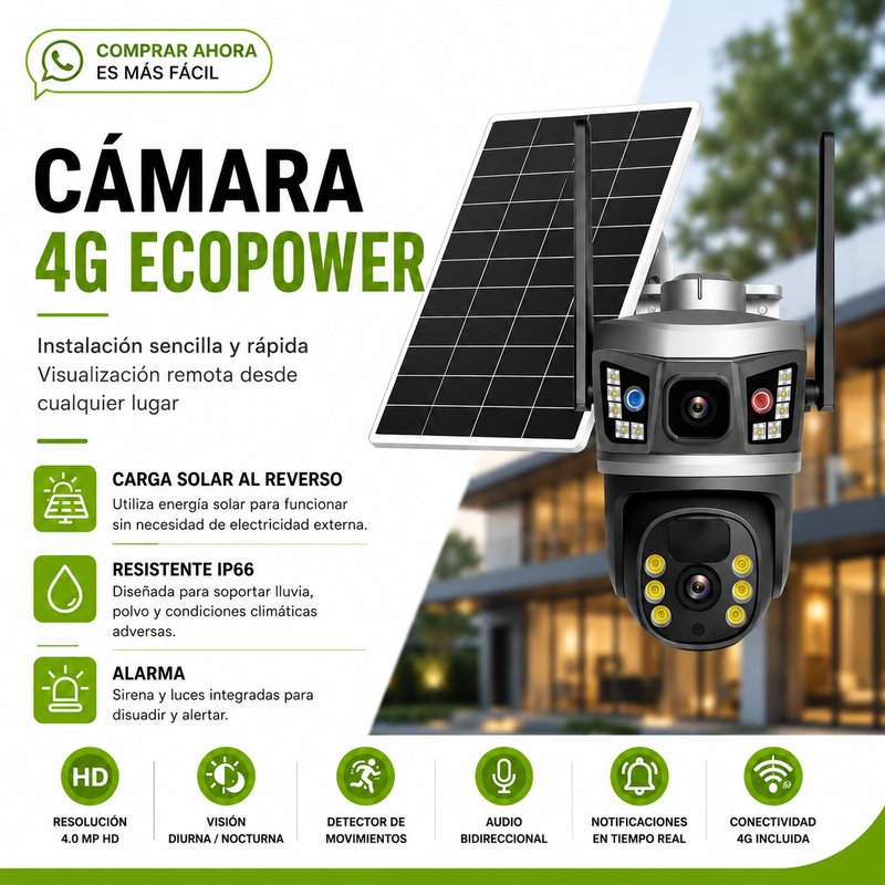 Cámara de seguridad 4G con panel solar y sirena